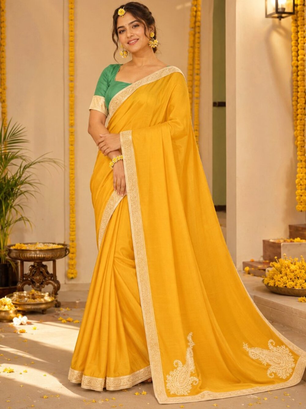 Authentic Sabyasachi Yellow Silk saree w contrasting blouse Flows beutifully